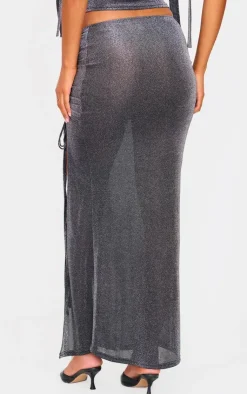 Outlet PrettyLittleThing Tall Glitter Ruched Split Midaxi Skirt Black