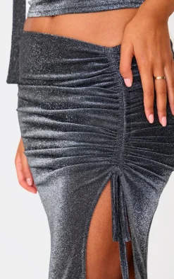Outlet PrettyLittleThing Tall Glitter Ruched Split Midaxi Skirt Black