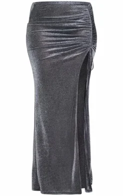 Outlet PrettyLittleThing Tall Glitter Ruched Split Midaxi Skirt Black