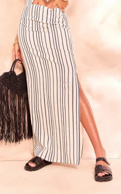Clearance PrettyLittleThing Tall Linen Pinstripe Low Waist Maxi Skirt Black