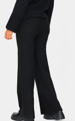 Hot PrettyLittleThing Tall Luxe Rib Knit Wide Leg Pants Black