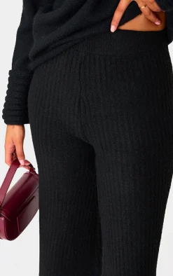 Hot PrettyLittleThing Tall Luxe Rib Knit Wide Leg Pants Black