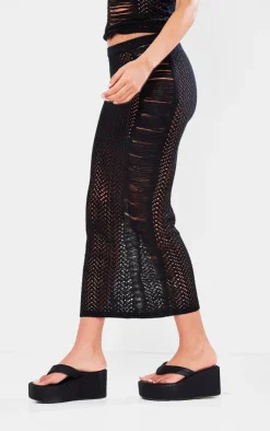Clearance PrettyLittleThing Tall Open Knit Distressed Detail Midi Skirt Black