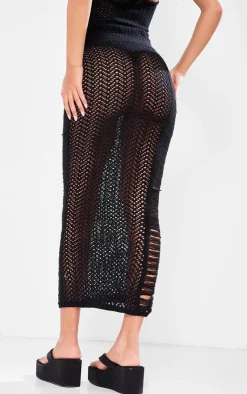 Clearance PrettyLittleThing Tall Open Knit Distressed Detail Midi Skirt Black