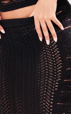 Clearance PrettyLittleThing Tall Open Knit Distressed Detail Midi Skirt Black