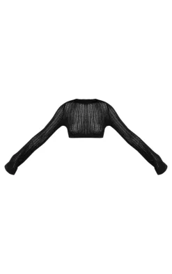 Online PrettyLittleThing Tall Open Knit Long Sleeve High Neck Top Black