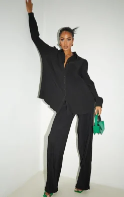 Best PrettyLittleThing Tall Plisse High Waisted Wide Leg Pants Black