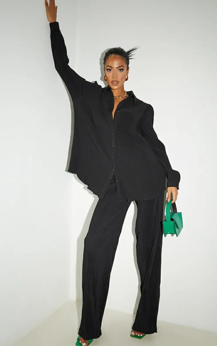Best PrettyLittleThing Tall Plisse High Waisted Wide Leg Pants Black