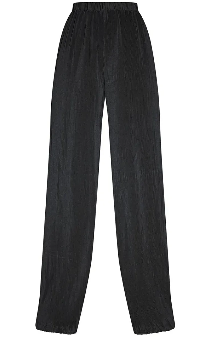 Best PrettyLittleThing Tall Plisse High Waisted Wide Leg Pants Black