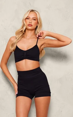Outlet PrettyLittleThing Tall Ruched Detail Snatched Rib Bralette Black