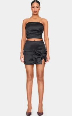 Online PrettyLittleThing Tall Satin Bow Detail Mini Skirt Black