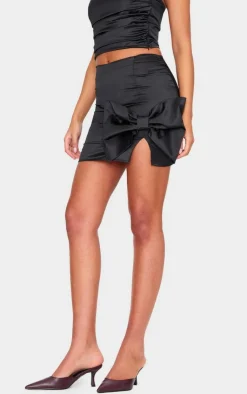 Online PrettyLittleThing Tall Satin Bow Detail Mini Skirt Black