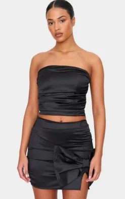Online PrettyLittleThing Tall Satin Bow Detail Mini Skirt Black