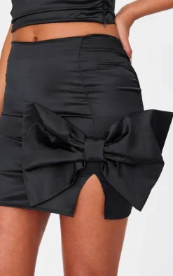 Online PrettyLittleThing Tall Satin Bow Detail Mini Skirt Black