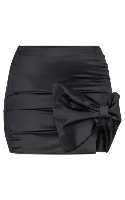 Online PrettyLittleThing Tall Satin Bow Detail Mini Skirt Black
