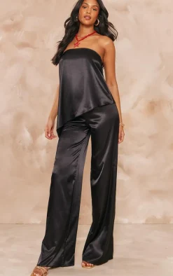 Online PrettyLittleThing Tall Satin Wide Leg Detail Pants Black