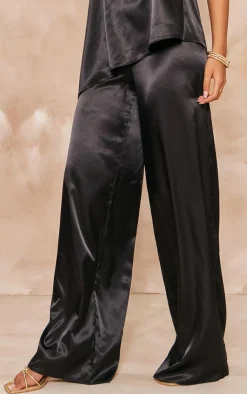 Online PrettyLittleThing Tall Satin Wide Leg Detail Pants Black
