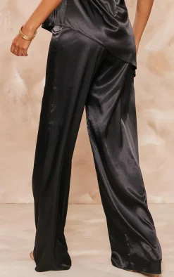 Online PrettyLittleThing Tall Satin Wide Leg Detail Pants Black
