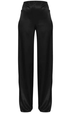 Online PrettyLittleThing Tall Satin Wide Leg Detail Pants Black