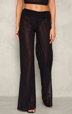 Outlet PrettyLittleThing Tall Semi Sheer Foldover Wide Leg Pants Black