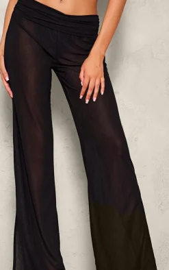 Outlet PrettyLittleThing Tall Semi Sheer Foldover Wide Leg Pants Black