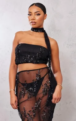 Outlet PrettyLittleThing Tall Sequin Detail Bandeau Crop Top Black