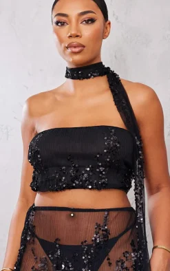 Outlet PrettyLittleThing Tall Sequin Detail Bandeau Crop Top Black