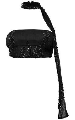 Outlet PrettyLittleThing Tall Sequin Detail Bandeau Crop Top Black