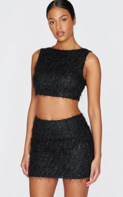 Discount PrettyLittleThing Tall Sequin Detail Open Back Crop Top Black