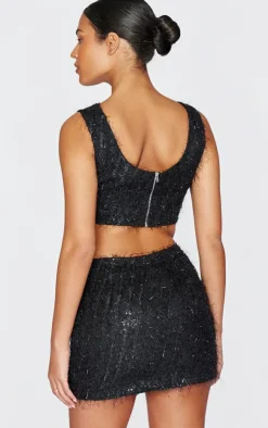 Discount PrettyLittleThing Tall Sequin Detail Open Back Crop Top Black