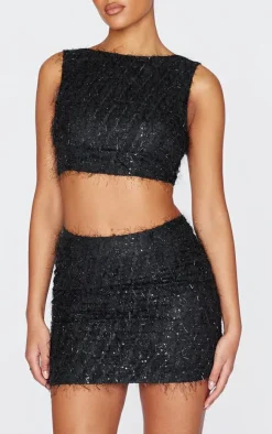 Discount PrettyLittleThing Tall Sequin Detail Open Back Crop Top Black