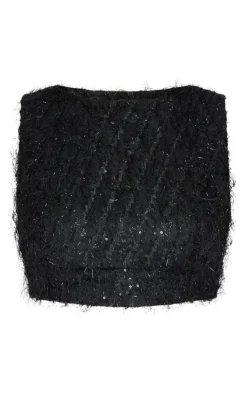 Discount PrettyLittleThing Tall Sequin Detail Open Back Crop Top Black