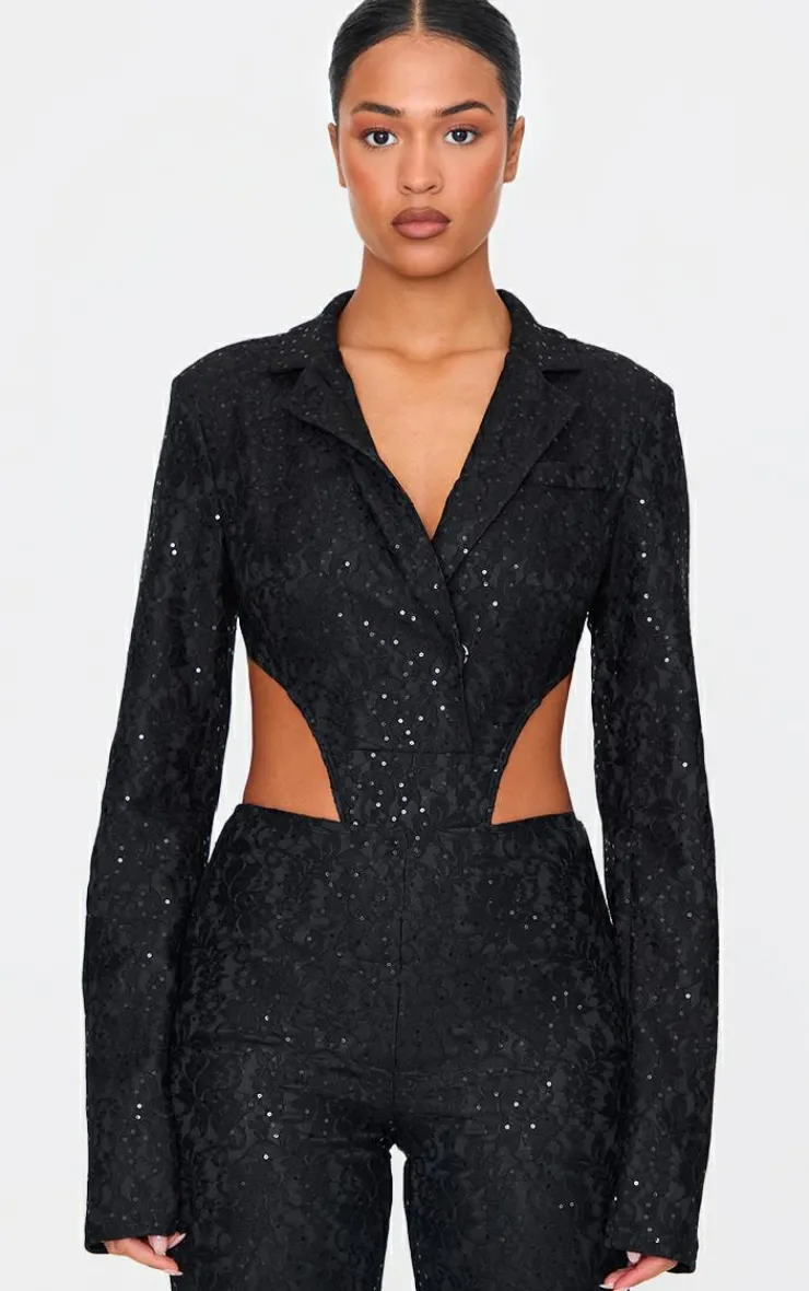 Tall Sequin Lace Bodysuit Blazer Jacket-PrettyLittleThing Sale