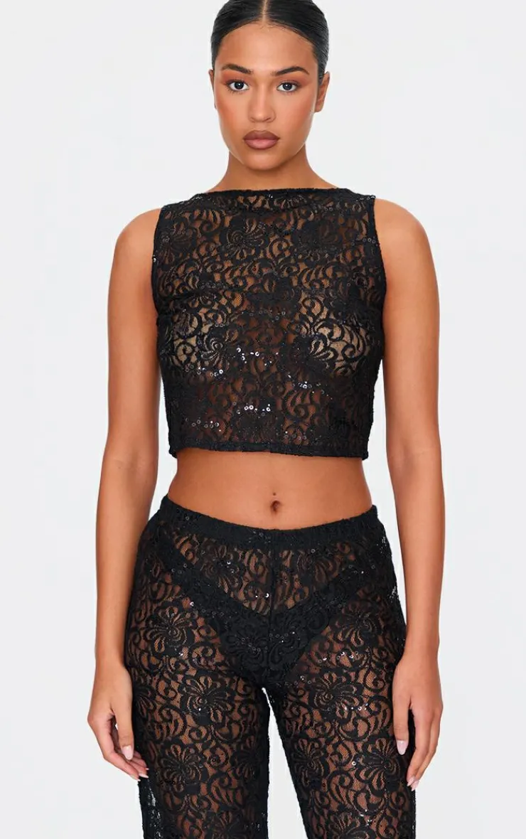 Tall Sequin Lace Sleeveless Crop Top-PrettyLittleThing Hot