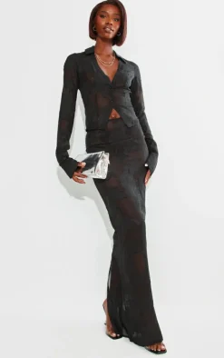 Hot PrettyLittleThing Tall Sheer Floral Mesh Fitted Shirt Black