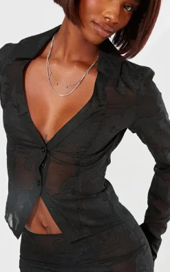 Hot PrettyLittleThing Tall Sheer Floral Mesh Fitted Shirt Black