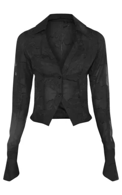 Hot PrettyLittleThing Tall Sheer Floral Mesh Fitted Shirt Black