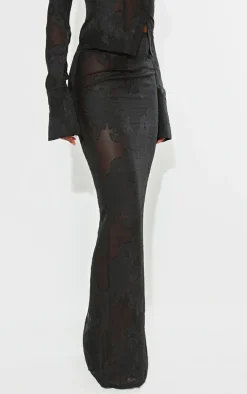 PrettyLittleThing Tall Sheer Floral Mesh Maxi Skirt Black