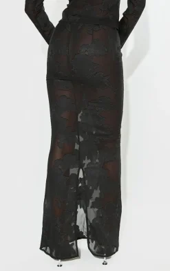 PrettyLittleThing Tall Sheer Floral Mesh Maxi Skirt Black