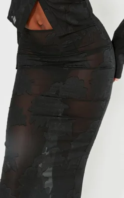 PrettyLittleThing Tall Sheer Floral Mesh Maxi Skirt Black
