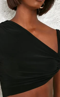 Online PrettyLittleThing Tall Slinky Asymmetric Ruched Side Strappy Top Black