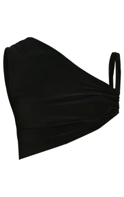 Online PrettyLittleThing Tall Slinky Asymmetric Ruched Side Strappy Top Black