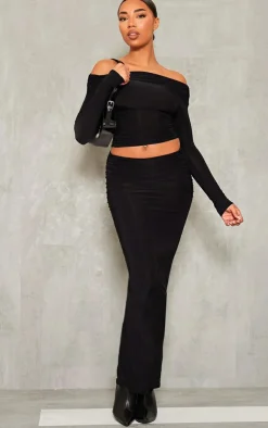 New PrettyLittleThing Tall Slinky Ruched Midaxi Skirt Black
