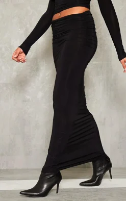New PrettyLittleThing Tall Slinky Ruched Midaxi Skirt Black