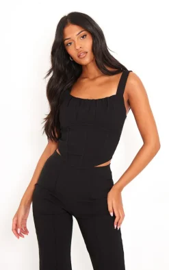 Online PrettyLittleThing Tall Stretch Woven Corset Top Black