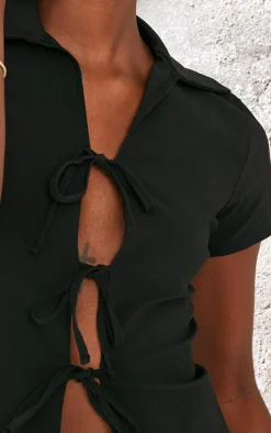 Online PrettyLittleThing Tall Stretch Woven Tie Front Top Black