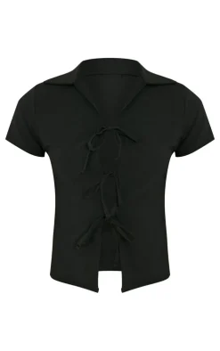 Online PrettyLittleThing Tall Stretch Woven Tie Front Top Black