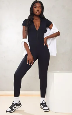 PrettyLittleThing Snatched*Tall Structured Snatched Rib Short Sleeve Jumpsuit