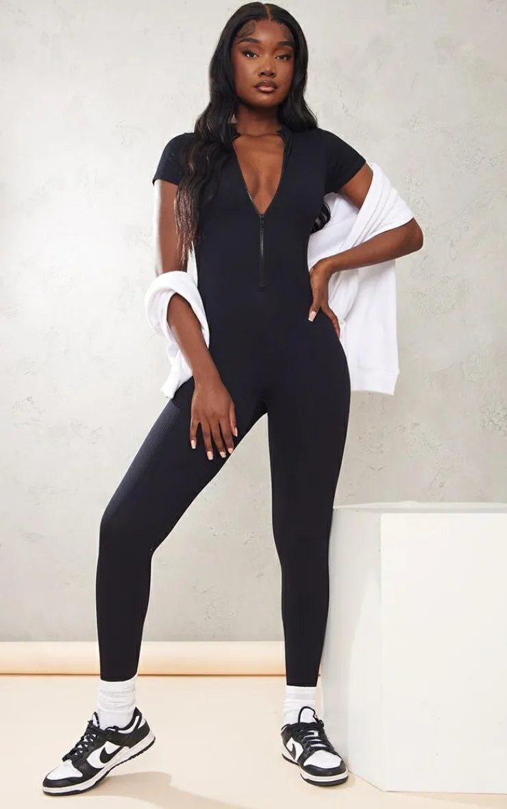 PrettyLittleThing Snatched*Tall Structured Snatched Rib Short Sleeve Jumpsuit