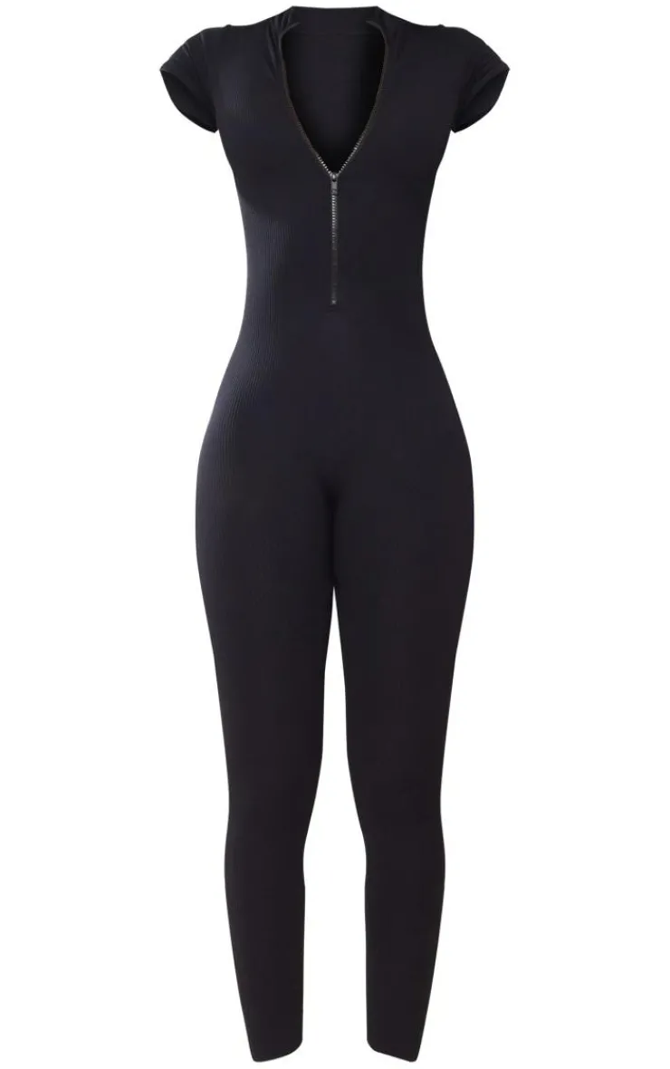 PrettyLittleThing Snatched*Tall Structured Snatched Rib Short Sleeve Jumpsuit